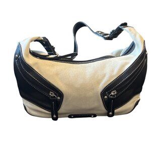 Tignanello Black & Cream Tan Canvas Leather Handbag Shoulder Bag Purse Pockets